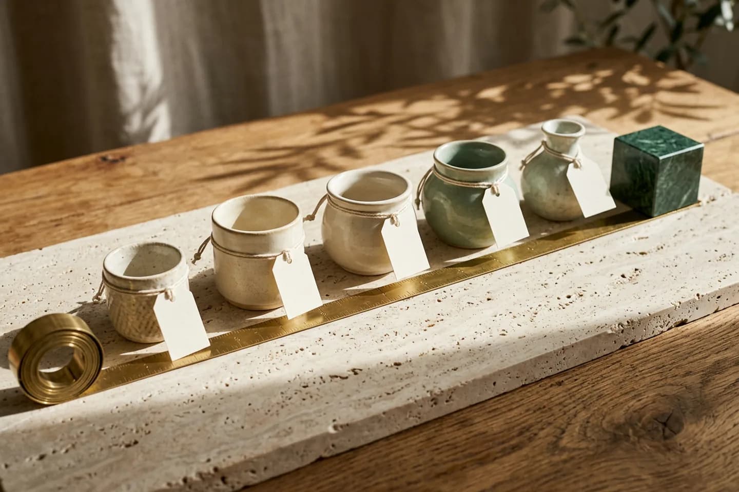 A brass measuring tape unrolled across travertine beside five different ceramic vessels, each tied with linen cord to a blank ivory paper tag, with a green marble block at the end.