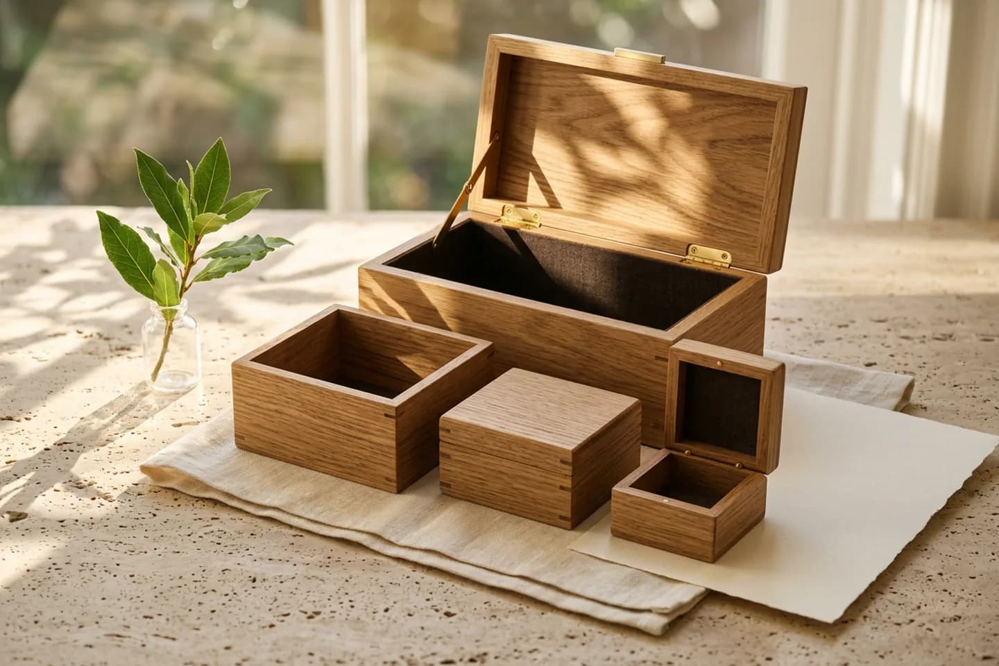 Nested oak boxes lifted out one by one and arranged in a row on travertine beside a linen cloth, blank ivory paper and a small glass of green leaves.