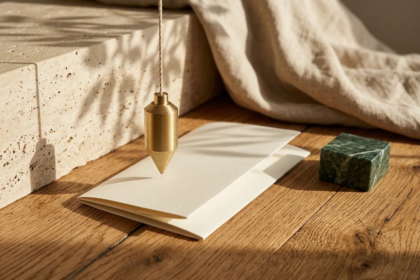 Um fio de prumo de latão suspenso sobre uma folha de papel marfim dobrada, em uma mesa de carvalho, ao lado de um pequeno bloco de mármore verde.