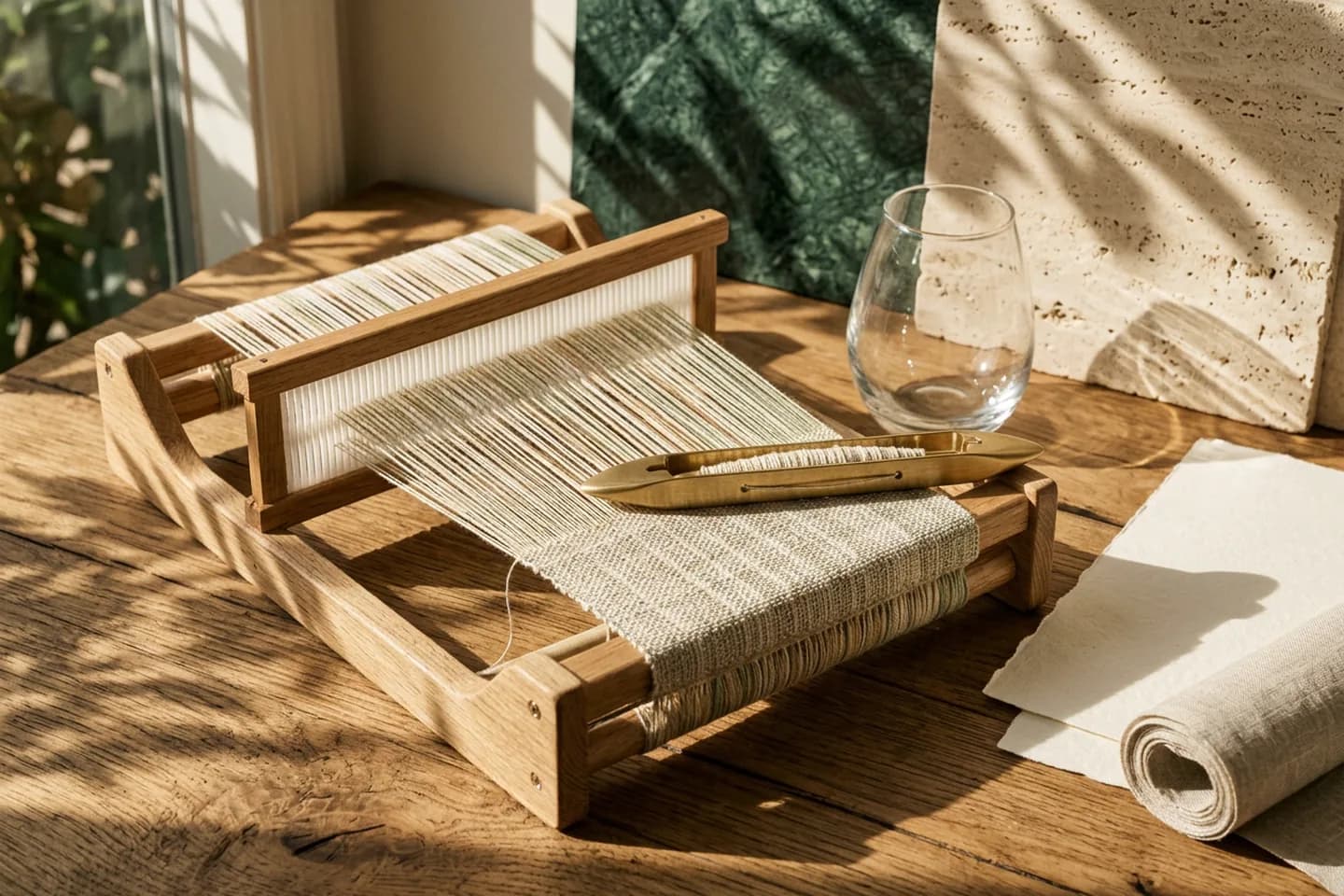 Um tear de mesa com fios de linho marfim, areia e verde claro tecidos em um único pano uniforme, uma lançadeira de latão na borda e um recipiente de vidro ao lado.