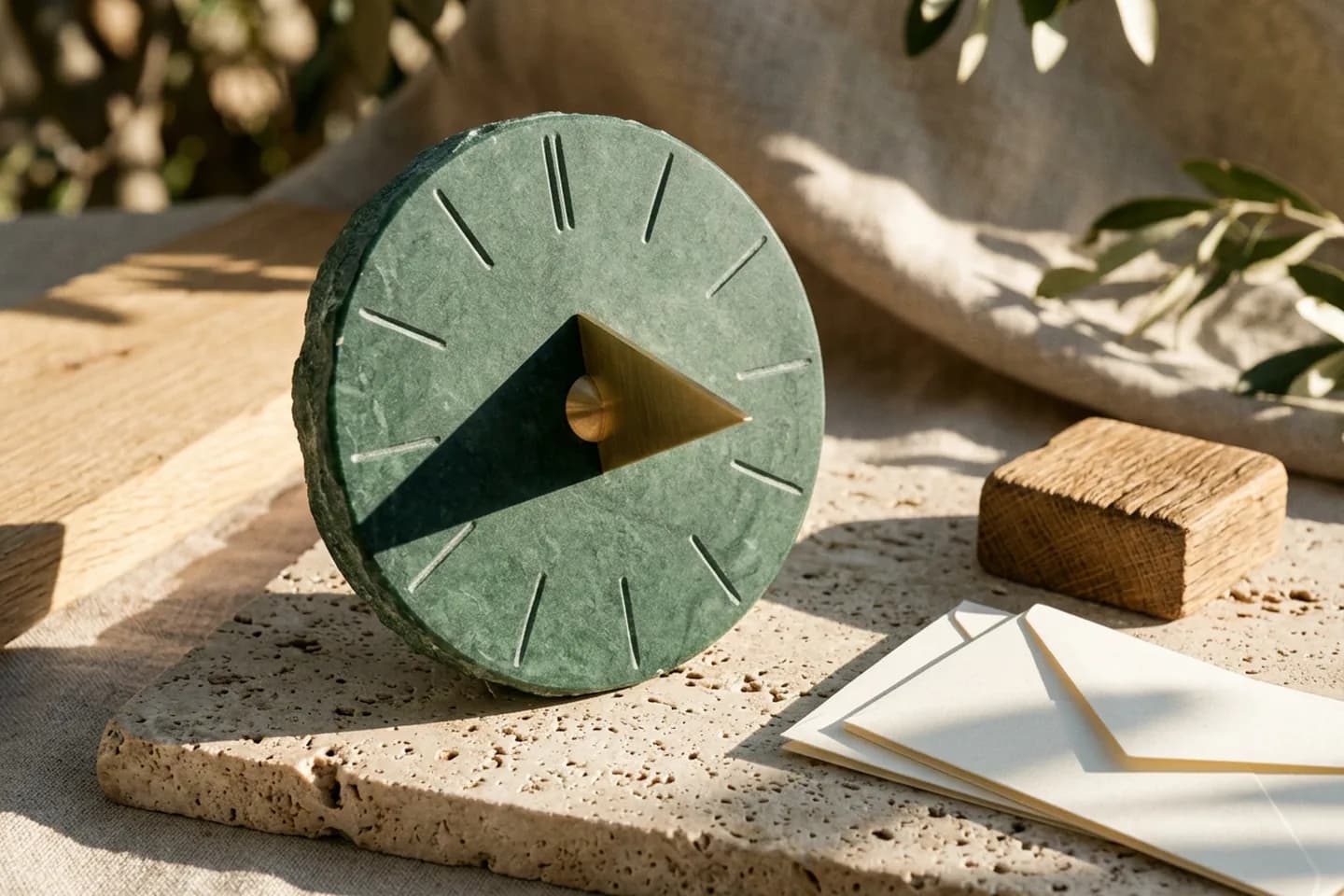 Um relógio de sol de mármore verde com um gnômon de latão projetando uma sombra longa sobre uma placa de travertino, com cartões marfim dobrados e um pequeno bloco de carvalho ao lado.