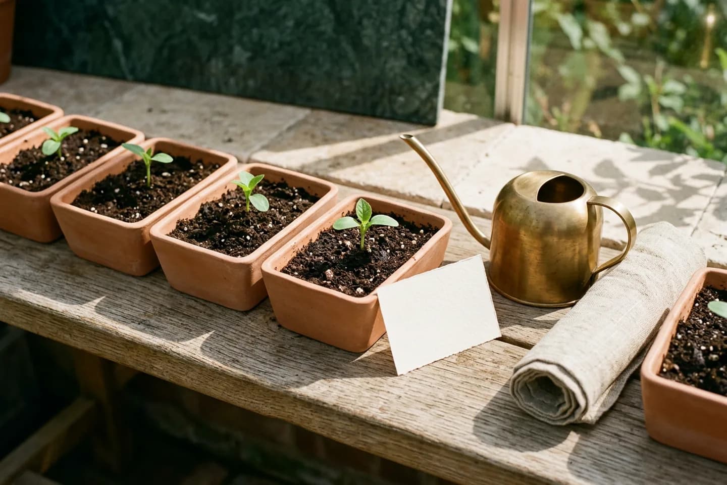 Several ceramic seed trays on an oak bench each holding a seedling at the same stage, with a brass watering can and a blank ivory card.