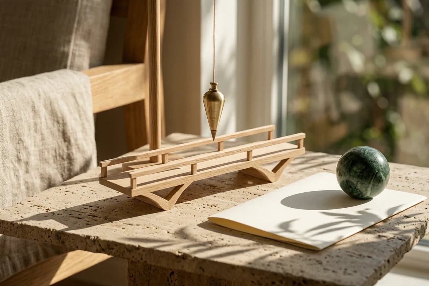 A small oak bridge model on a travertine table with a hanging brass plumb line, blank ivory paper and a green marble weight in warm sunlight.
