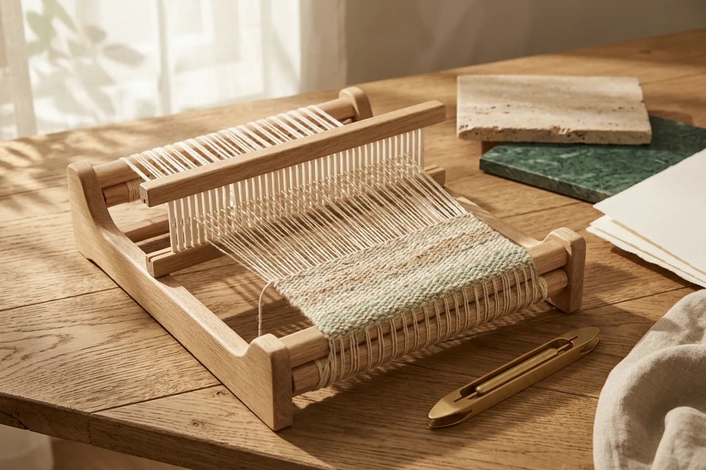 A small oak loom with evenly spaced ivory linen threads and a woven band in varied natural tones, with a brass shuttle beside it.