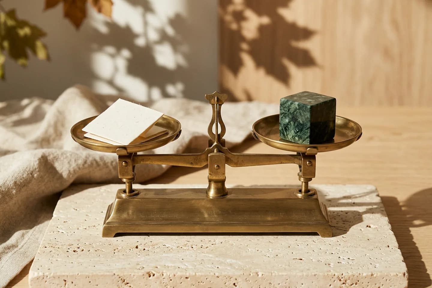 A level brass balance scale on a travertine slab, with folded ivory paper in one pan and a green marble cube in the other.