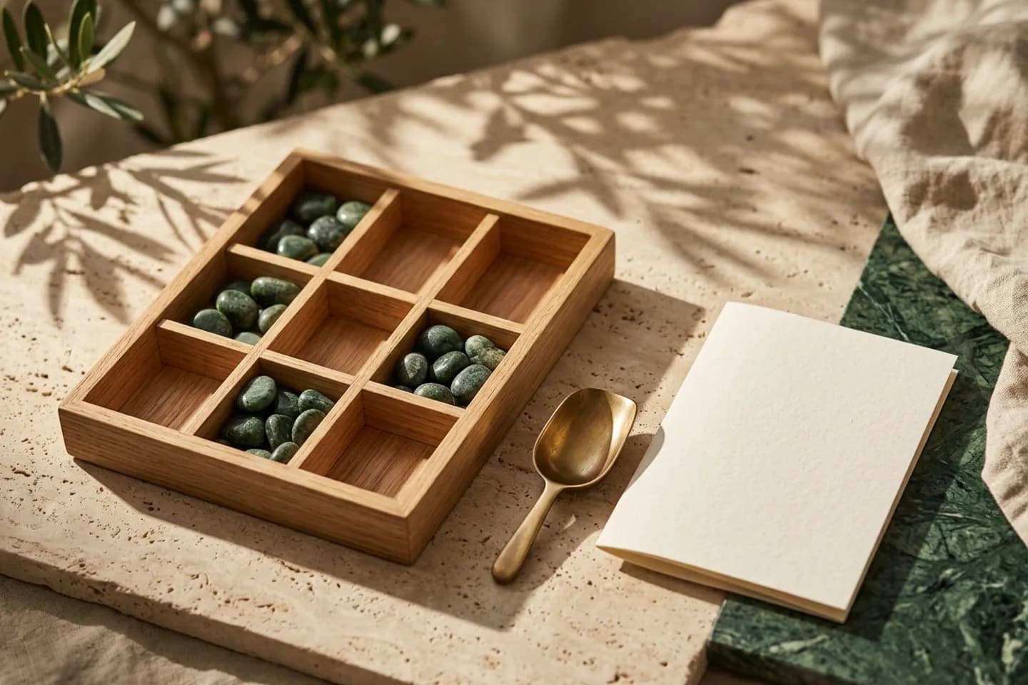 An oak seed tray with some compartments holding green marble pebbles and others empty, next to a brass scoop and blank ivory paper on travertine.