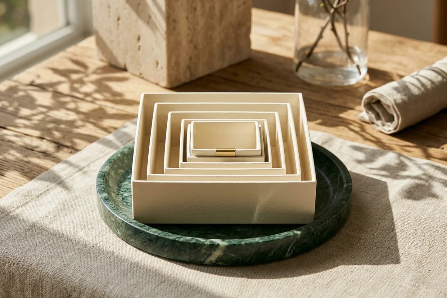 Nested ivory paper boxes of descending size in a row on an oak table, the smallest resting in a green marble dish beside a brass tab, in warm sunlight.