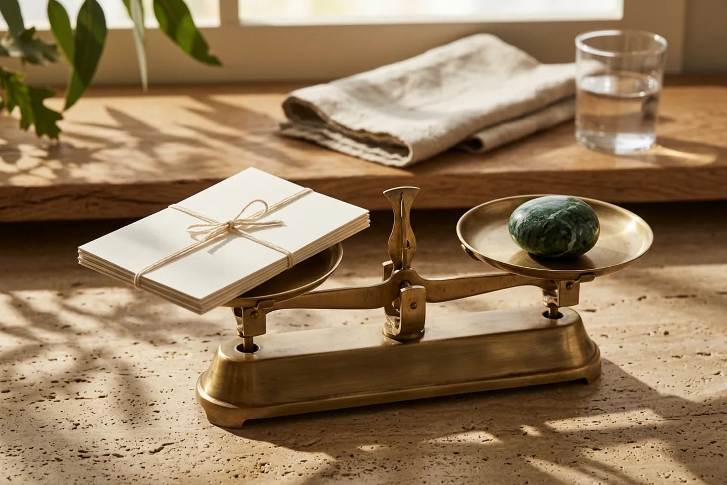A brass balance scale on travertine with ivory paper tied in linen thread on one pan and a green marble stone on the other, in warm sunlight.