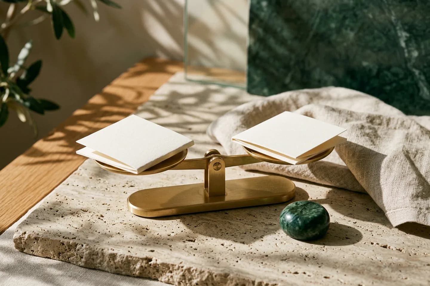 A brass balance scale holds two identical folded ivory sheets on its pans, with a small green marble weight and folded linen beside it on travertine.