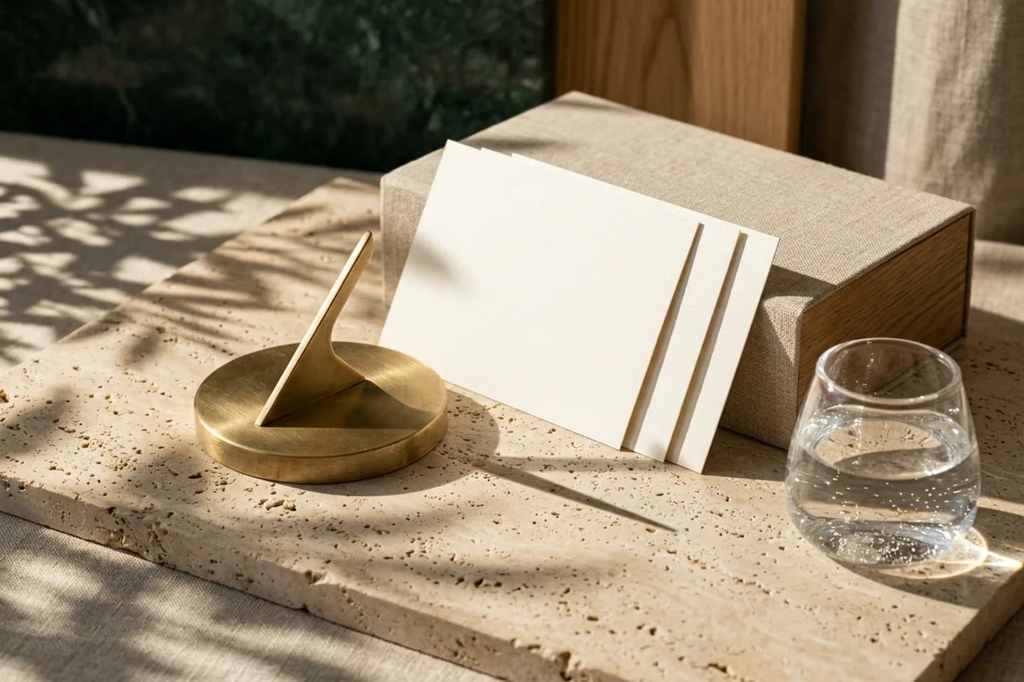 A brass sundial on a travertine slab casts a long shadow across blank ivory cards beside a linen-wrapped oak block and a glass vessel.