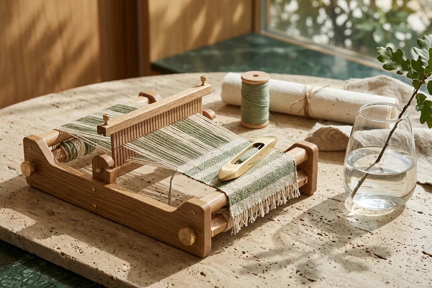 A small oak loom weaving ivory, green and linen threads into a single cloth, with a brass shuttle on a sunlit travertine table.