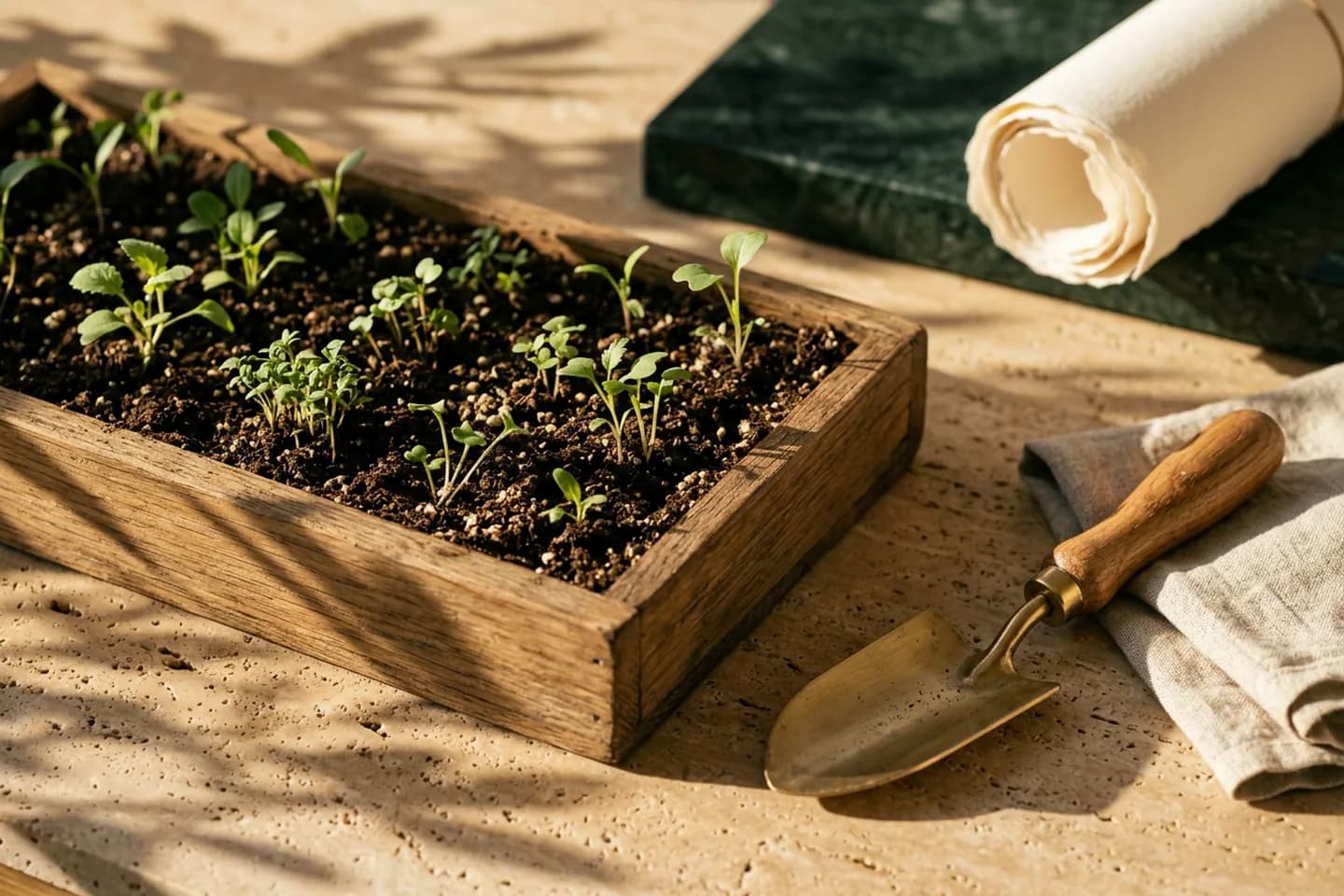 An oak seed tray of seedlings at different growth stages on travertine, with a brass trowel and folded linen cloth in warm sunlight.