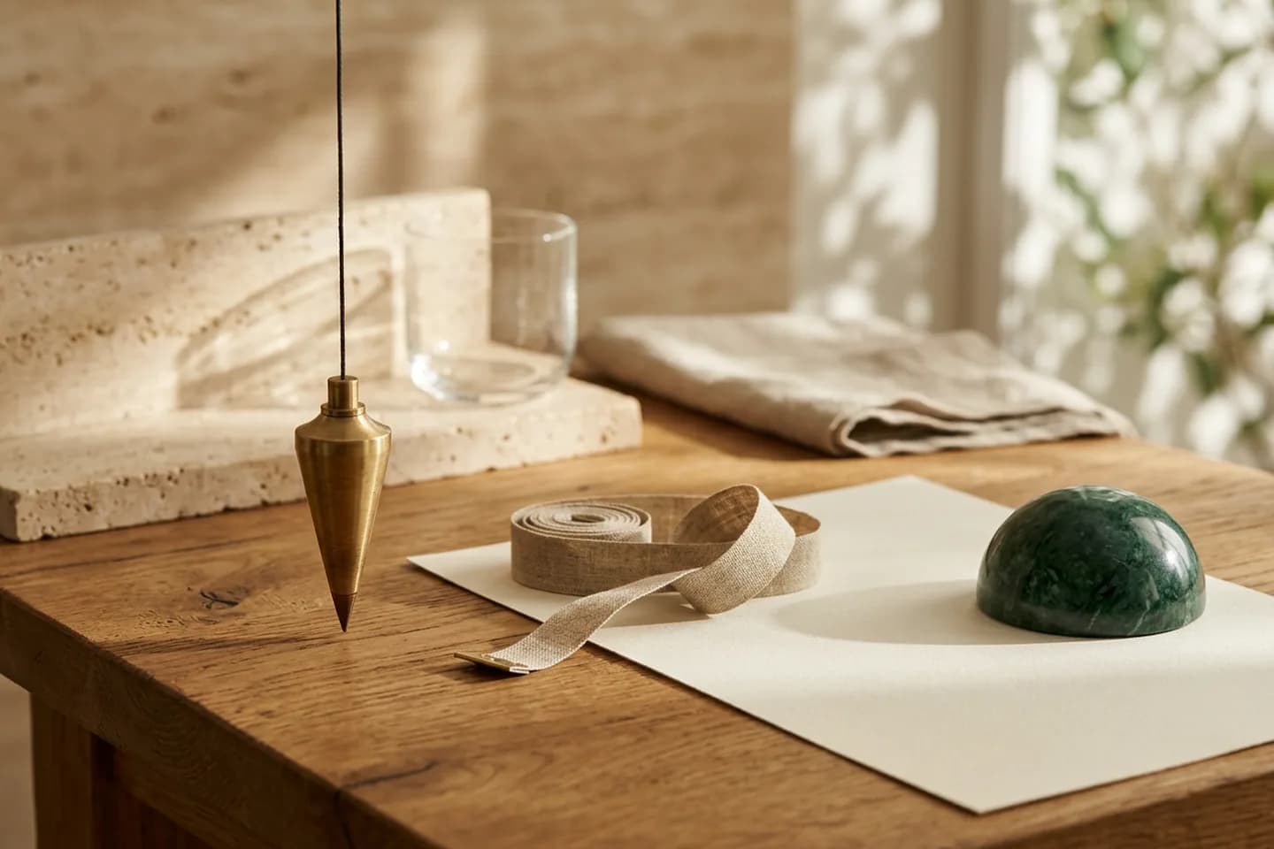 Um prumo de latão pende sobre uma mesa de carvalho, onde uma fita métrica de linho repousa sobre papel marfim em branco, ao lado de um peso de papel de mármore verde.