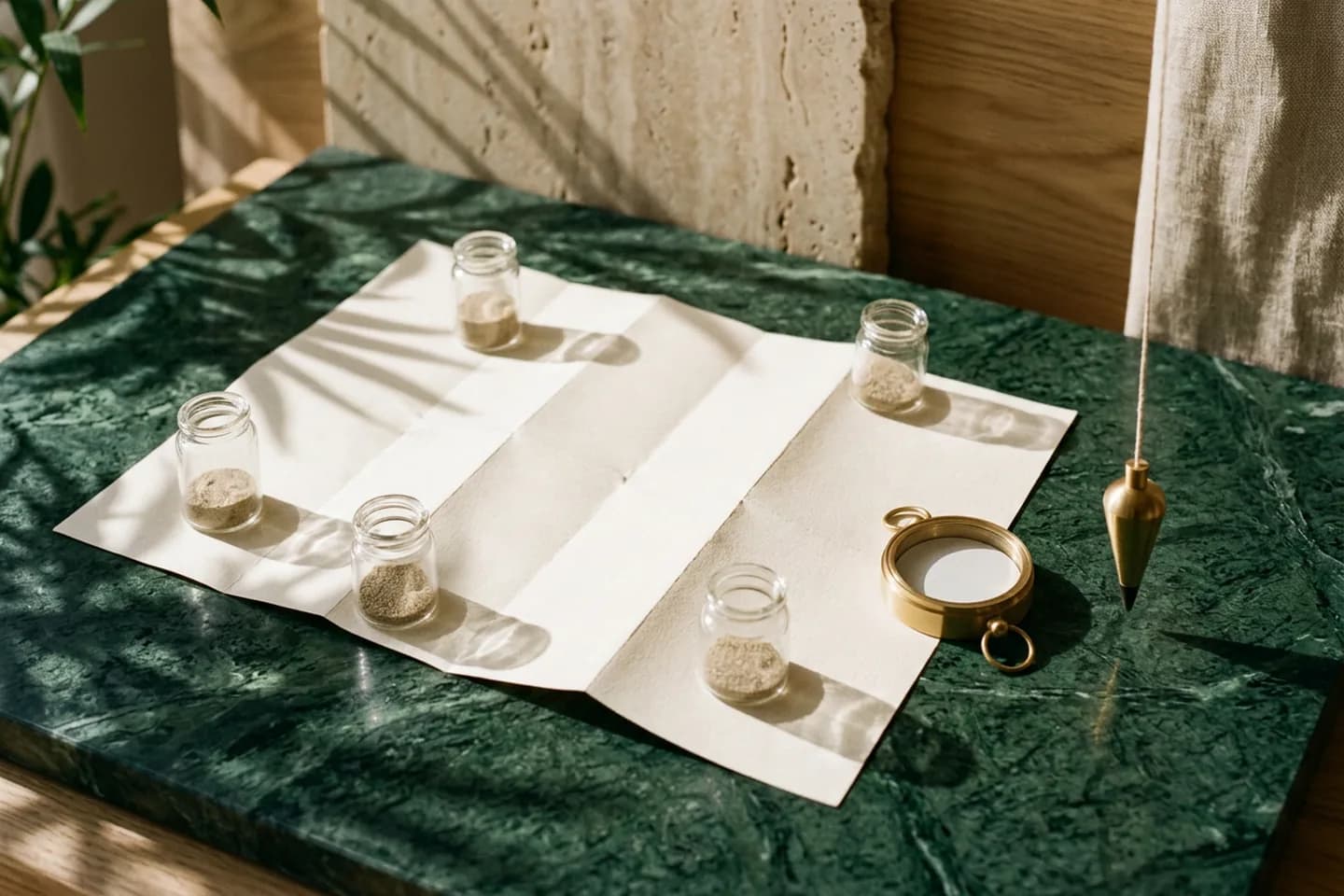 Small glass jars with varying amounts of sand placed across a blank folded paper map on green marble, with a brass compass and a plumb line beside it.