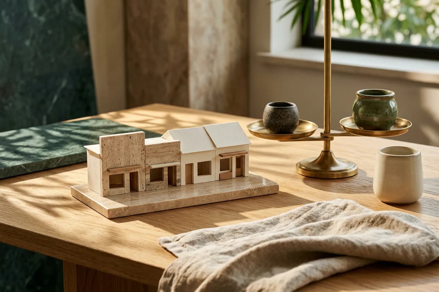 A travertine and paper model of a row of small shopfronts on an oak table beside a brass balance scale holding ceramic vessels, in warm sunlight.