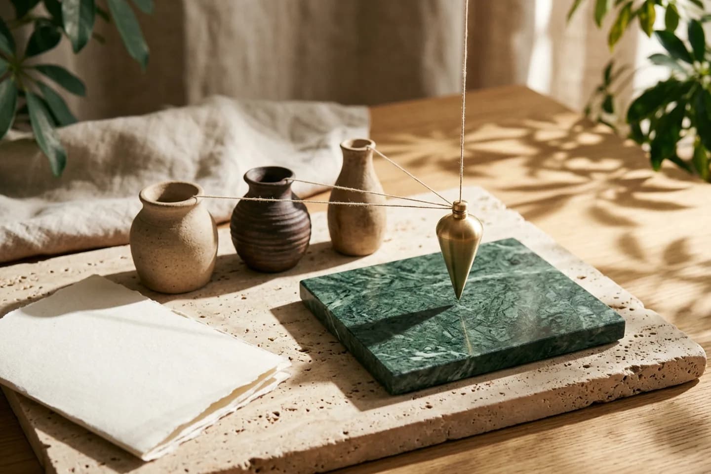 Três vasos de cerâmica sobre uma laje de travertino, cada um ligado por um fio de linho a um prumo de latão suspenso acima de um bloco de mármore verde.