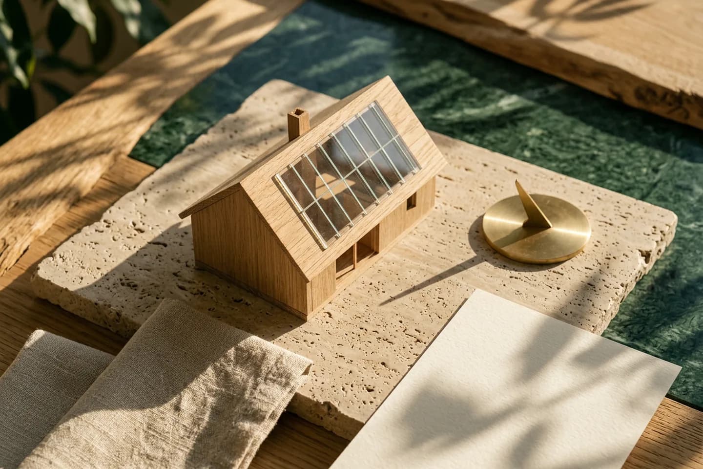 Uma pequena casa de carvalho com painéis de vidro no telhado ao lado de um relógio de sol de latão sobre uma placa de travertino sob luz quente.