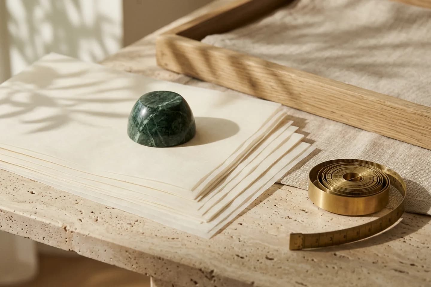 Layered ivory paper sheets with offset edges on a travertine surface, topped by a green marble paperweight, with a coiled brass measuring tape beside them.