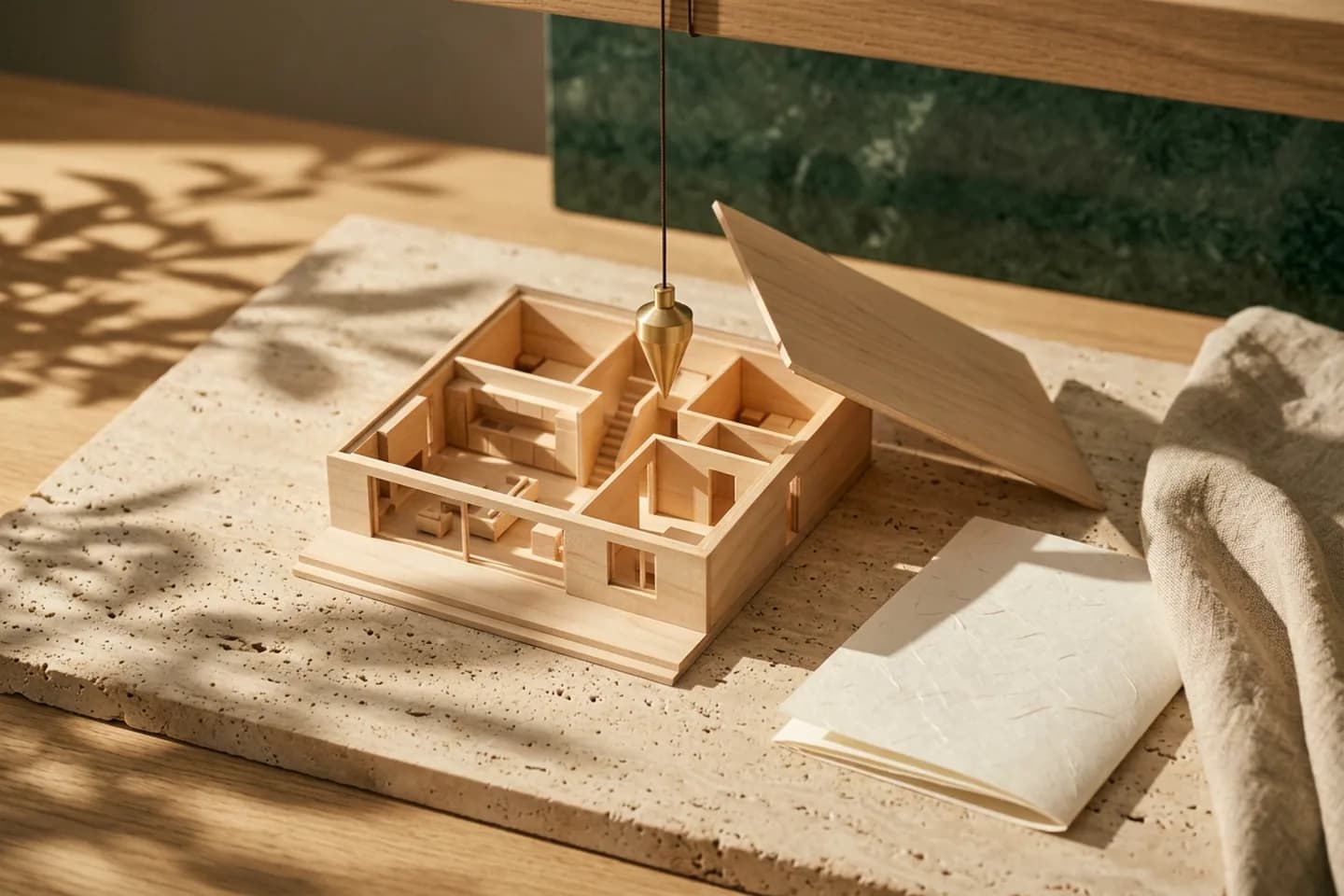 A small wooden architectural model of a house with the roof lifted off, a brass plumb line hanging above it, on a travertine slab in warm sunlight.
