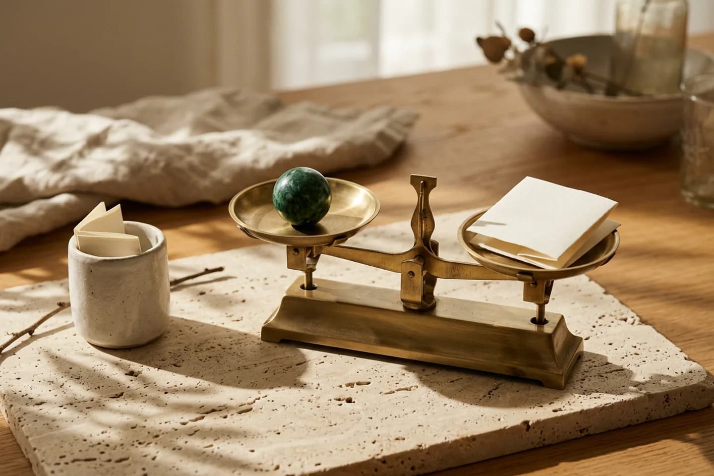 A brass balance scale holding a folded ivory paper against a green marble stone, with a ceramic vessel set apart beside it on a travertine surface.