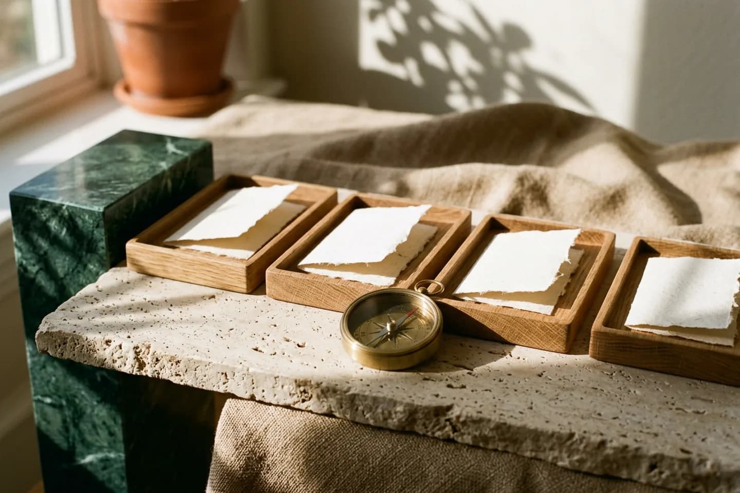 Oak sorting trays holding folded ivory papers on a travertine table, with a brass compass at the center and a green marble block beside them.