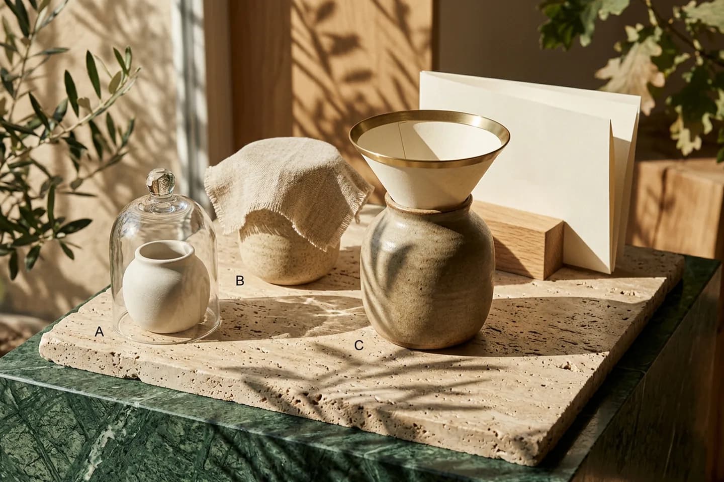 Three covered ceramic vessels on travertine, with a brass-edged paper funnel leading from them into one larger central vessel.