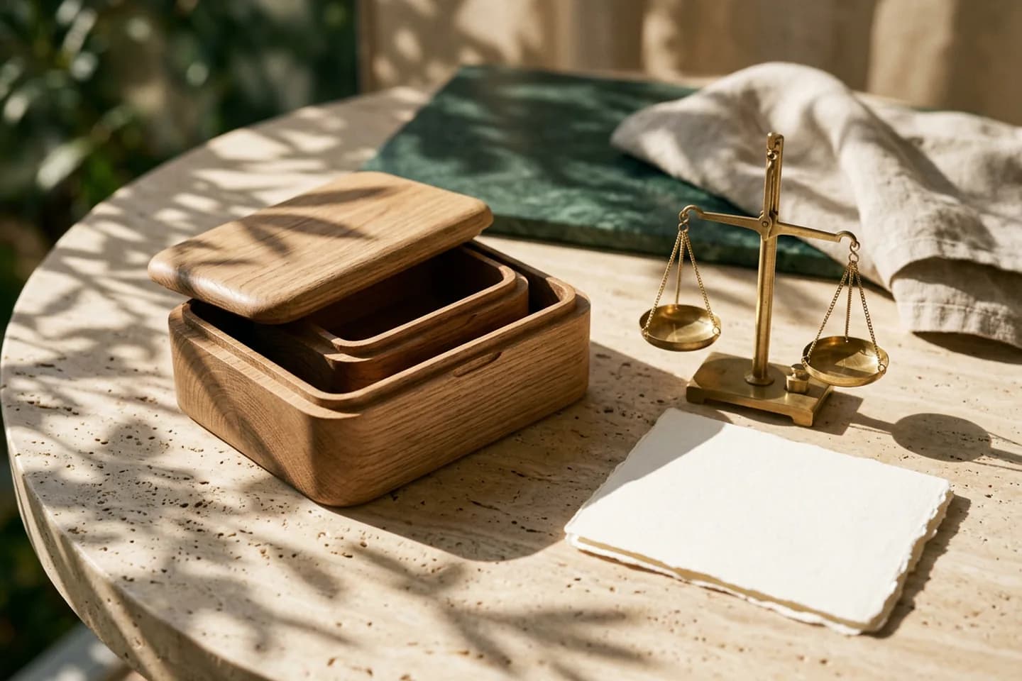 Three nested oak boxes with open lids beside a brass balance scale on a travertine table in warm sunlight.