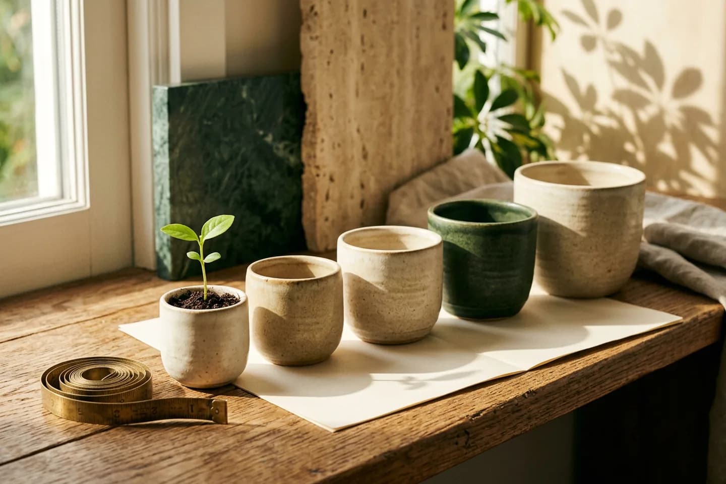 A row of five graduated ceramic vessels on an oak shelf, the smallest holding a green seedling, with a coiled brass measuring tape and folded blank paper beside them.
