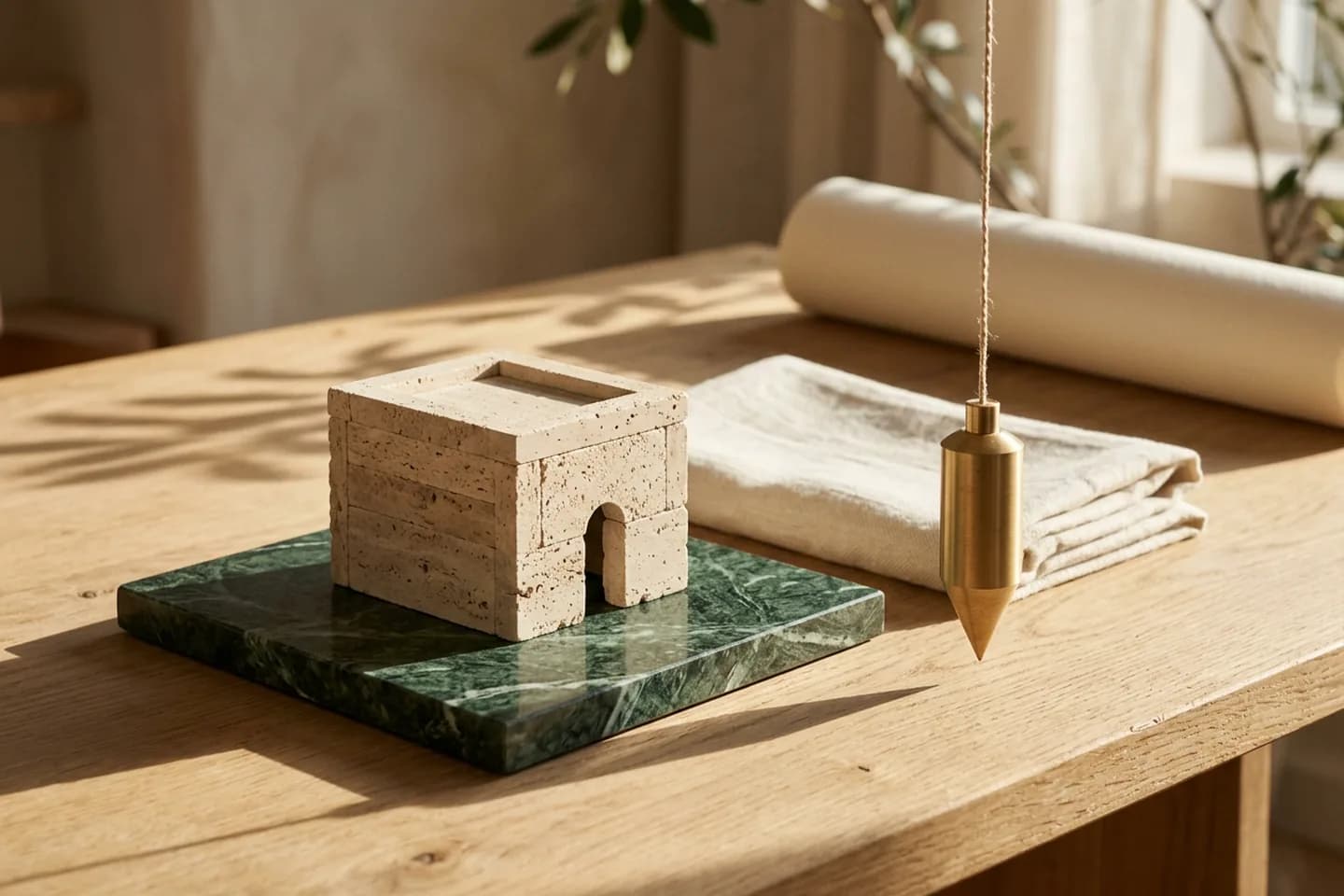 A small travertine architectural model of one room on a green marble base, with a brass plumb line hanging beside it on an oak table in warm sunlight.