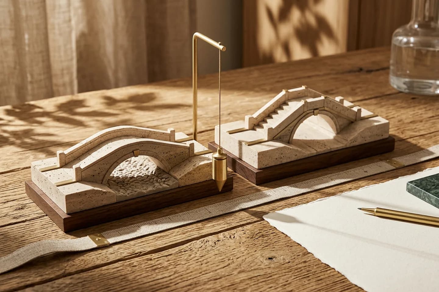 Dois pequenos modelos de pontes de pedra lado a lado sobre uma mesa de carvalho, um com o arco um pouco diferente, com um prumo de latão e uma fita métrica de linho entre eles.