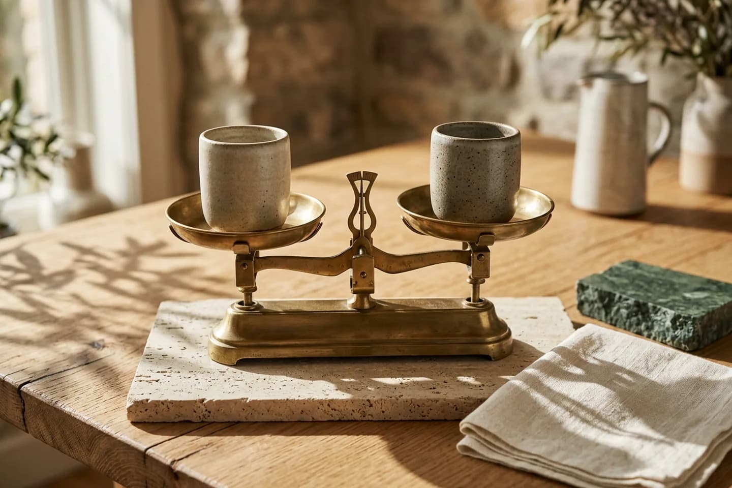 Uma balança de latão sobre travertino com dois vasos de cerâmica quase idênticos nos pratos, ao lado de mármore verde e linho dobrado sob luz quente do sol.