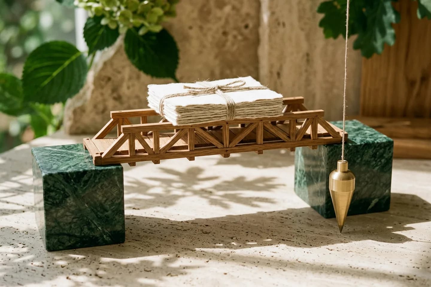 A small oak bridge connecting two green marble blocks with a linen-tied bundle of ivory paper on it and a brass plumb line hanging nearby.