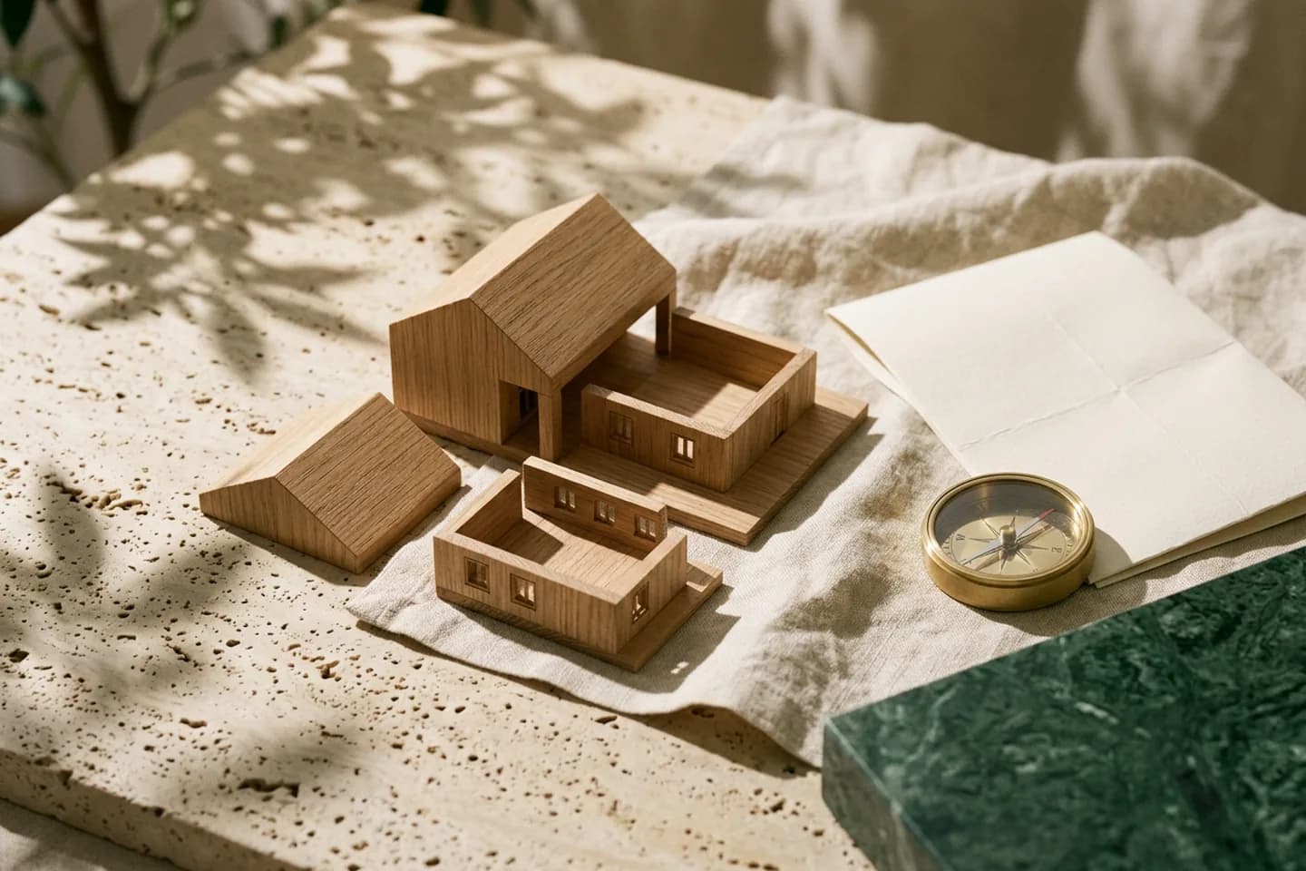 An oak architectural model with its sections lifted out and laid on linen beside a blank folded map and a brass compass on a travertine surface.