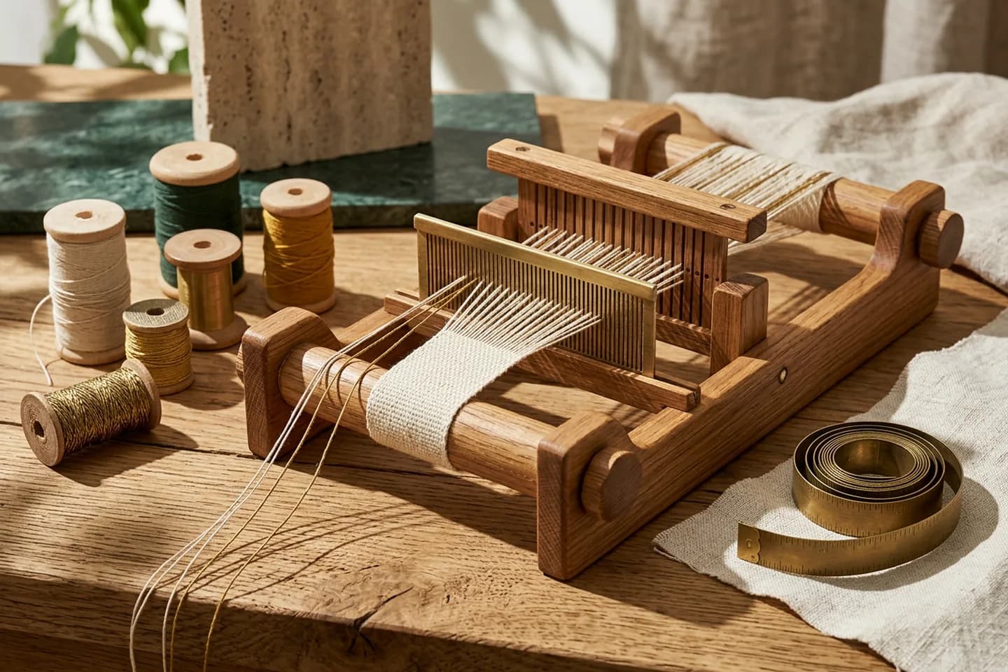 A small wooden loom drawing threads from several separate spools through a brass comb into a single even woven band.