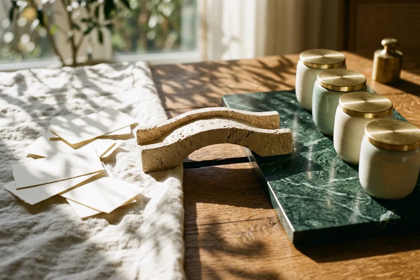 A travertine bridge model connecting scattered blank paper slips on linen to an orderly row of lidded ceramic vessels on green marble.