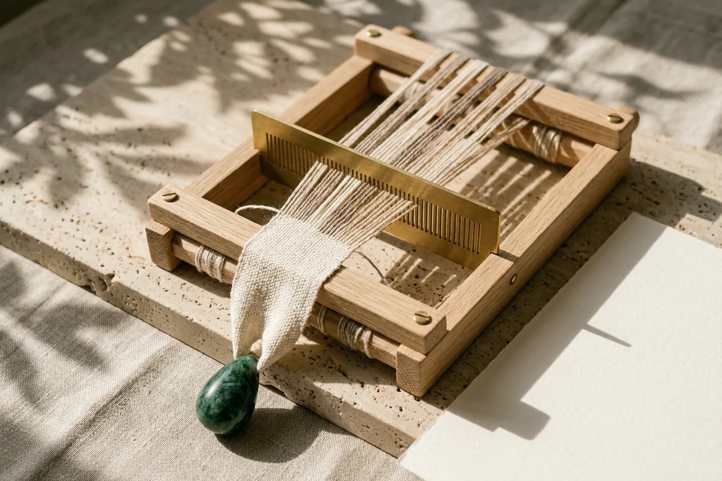 An oak loom frame with seven strands of linen thread passing through a brass comb into a single woven ivory cloth weighted by a green marble block.