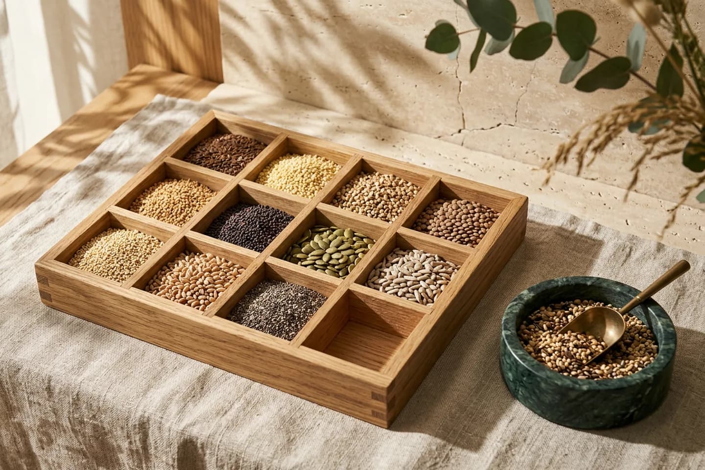 An oak seed tray with sorted seeds in separate compartments and one empty compartment, resting on linen beside a green marble dish and a brass scoop.