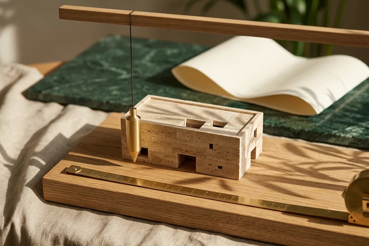 A small travertine architectural model on an oak plinth with a brass plumb line hanging above it and a measuring tape laid beside it.