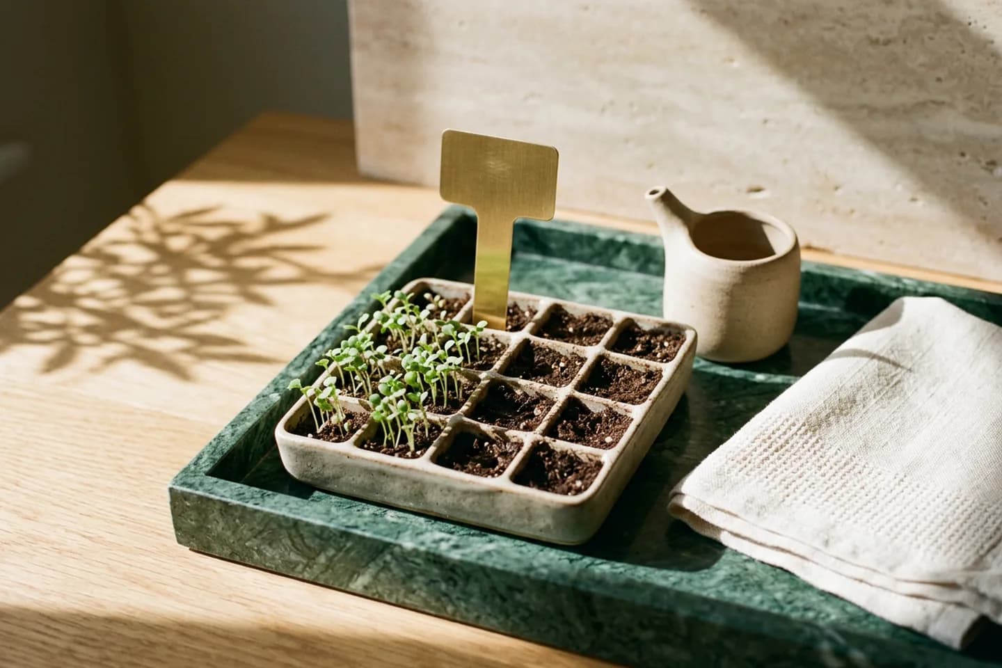 A seed tray on green marble with only one row of cells planted with green sprouts, next to a blank brass stake, a ceramic watering vessel and folded linen.
