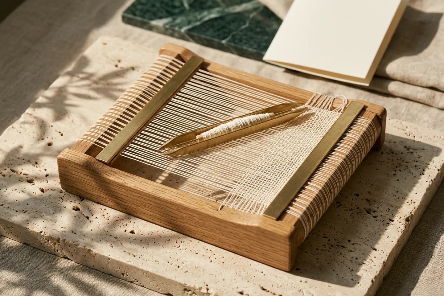 A small oak loom with ivory linen threads in a grid, a brass bar marking off one section and a brass shuttle resting on the threads, on a travertine slab in warm sunlight.