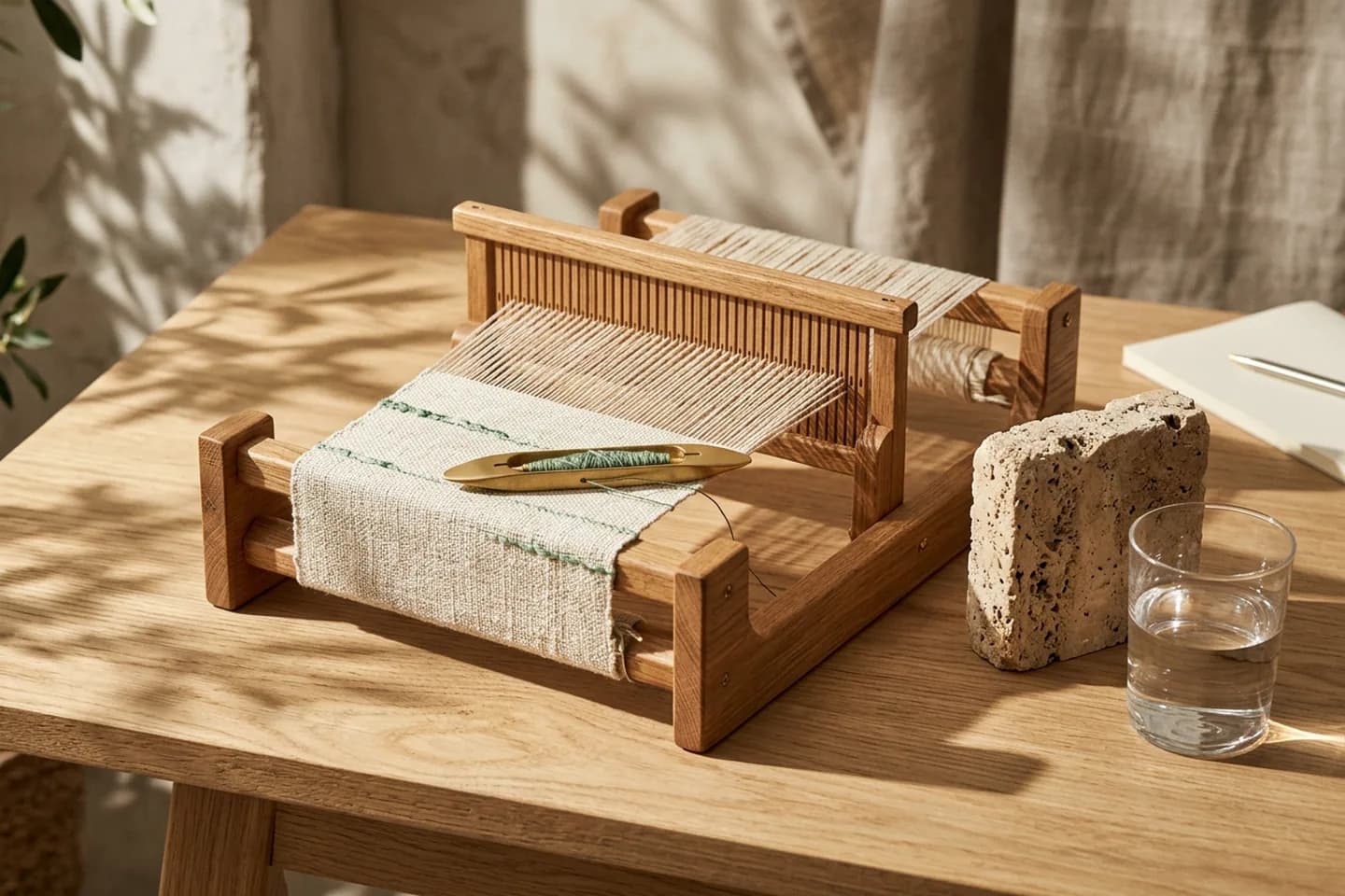 A small oak loom holding half-woven ivory linen where a few threads have been replaced with green ones, with a brass shuttle resting on the cloth.