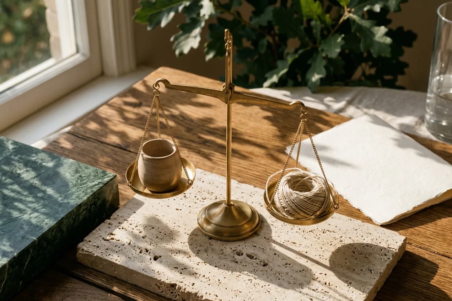 A brass balance scale on travertine with a ceramic vessel in one pan and a coil of linen thread in the other, nearly level.