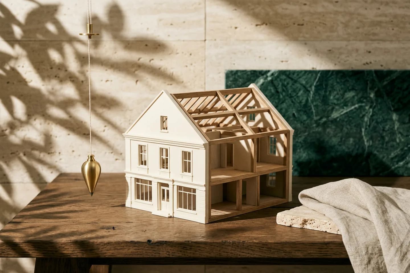 A small architectural house model with a finished ivory front and an open back showing bare oak framing, beside a hanging brass plumb line.