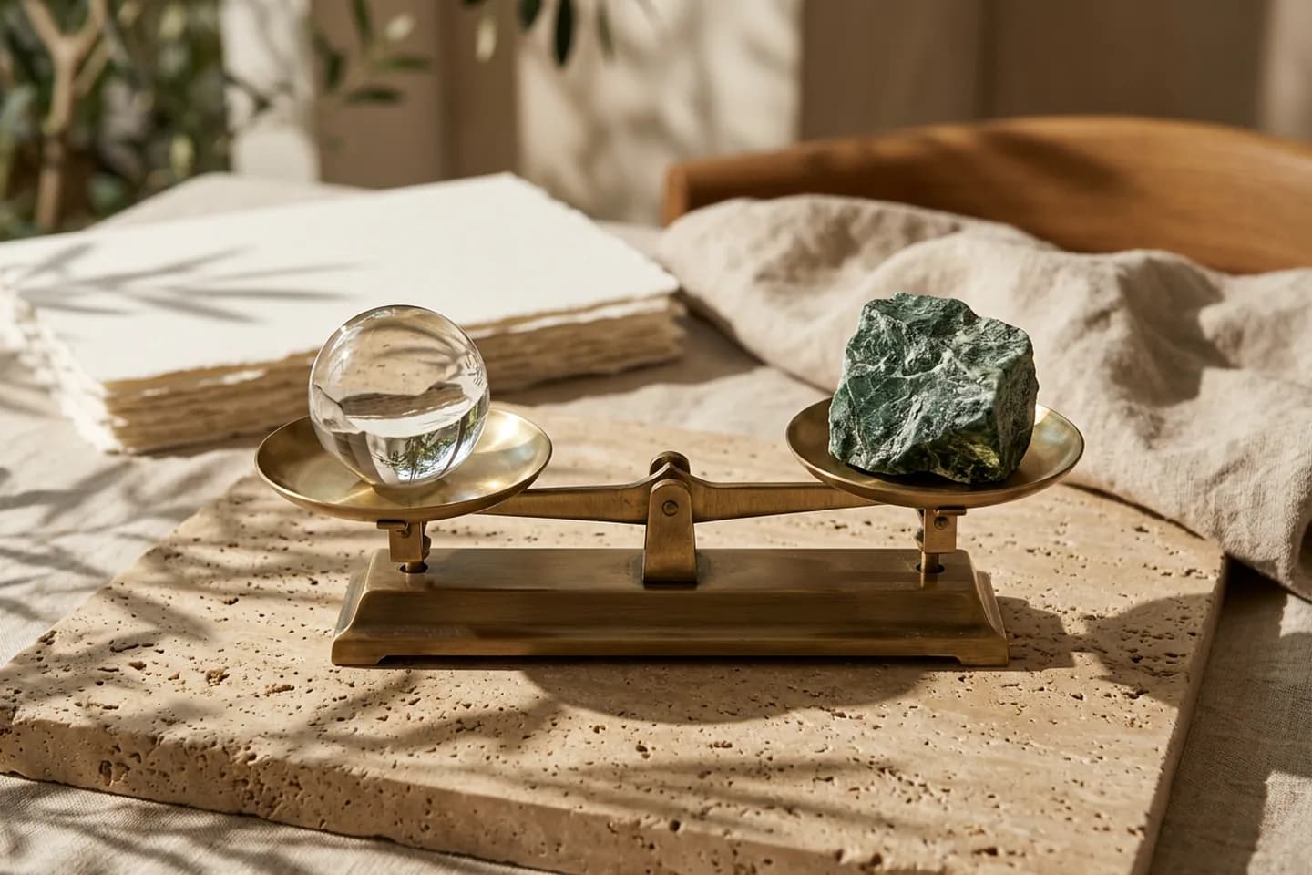 A brass balance scale on a travertine slab, with a polished glass sphere in one pan and a rough green marble stone in the other.