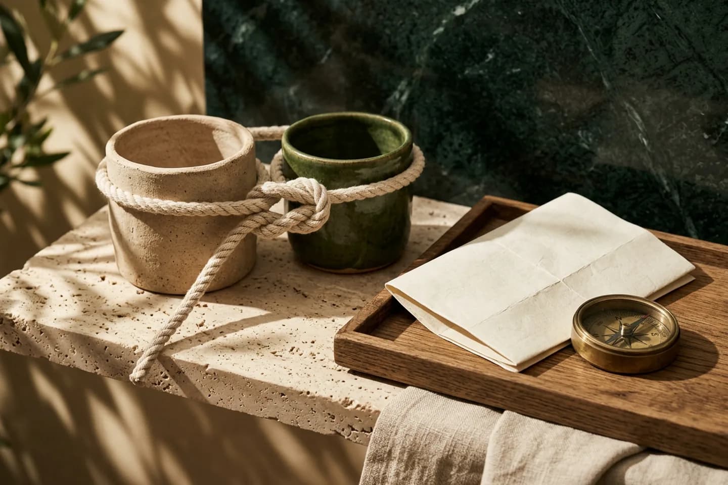 A linen rope with a clean knot connecting two ceramic vessels on a travertine ledge, next to a blank folded map and a brass compass on an oak tray.