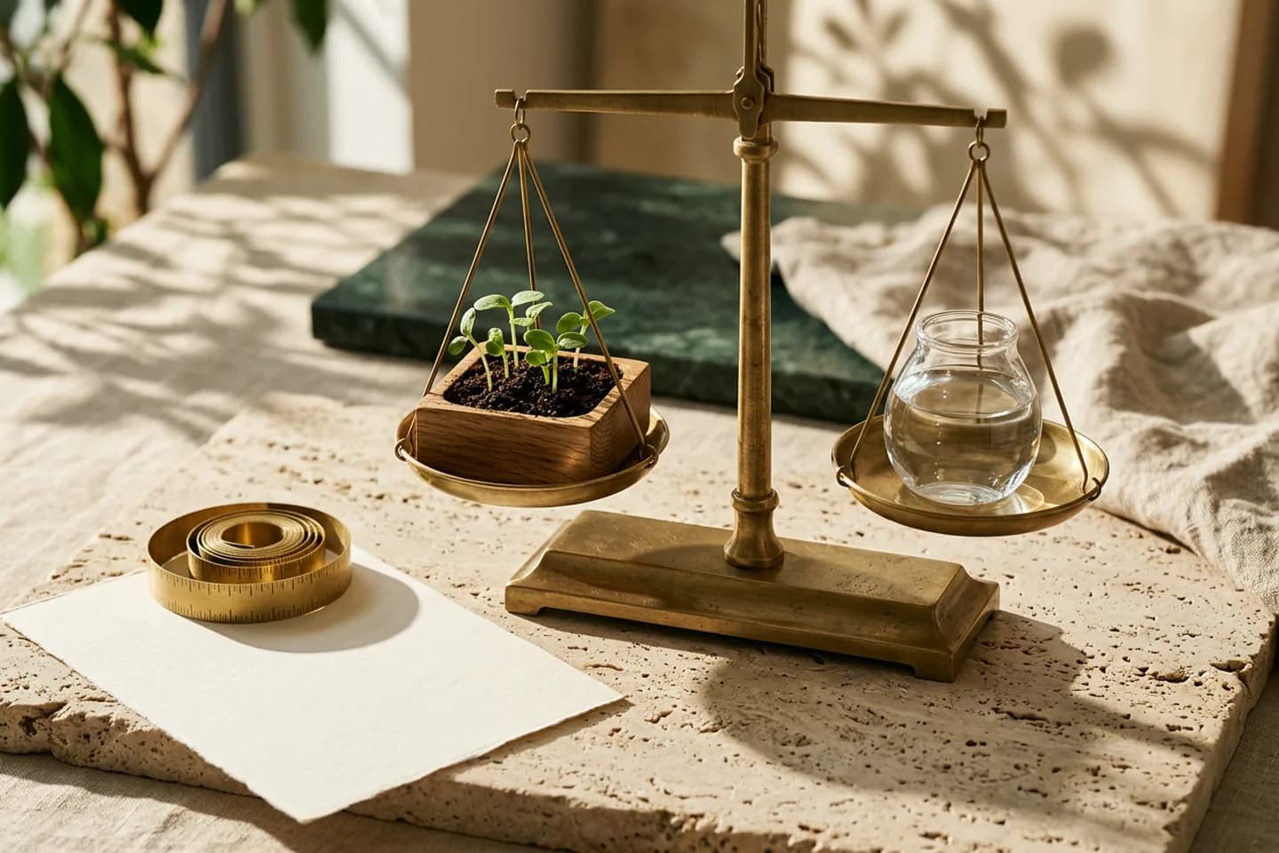 A brass balance scale holding a tray of seedlings on one pan and a glass vessel of water on the other, with a measuring tape and blank ivory paper beside it.