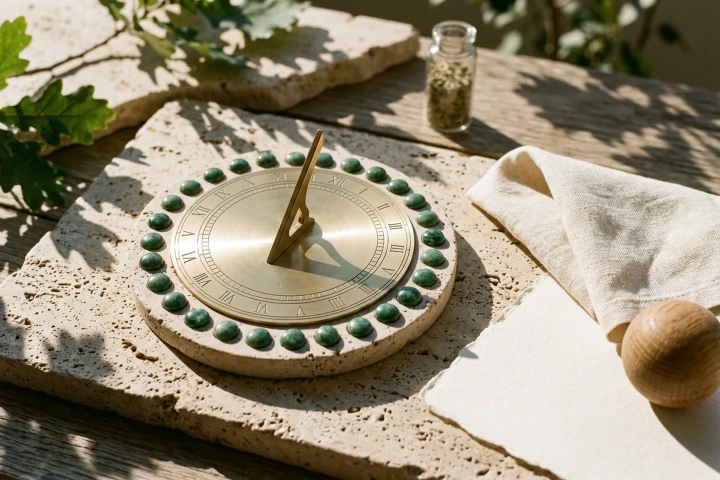 A brass sundial on a travertine slab casts a shadow while small green marble stones sit in an even ring around it.