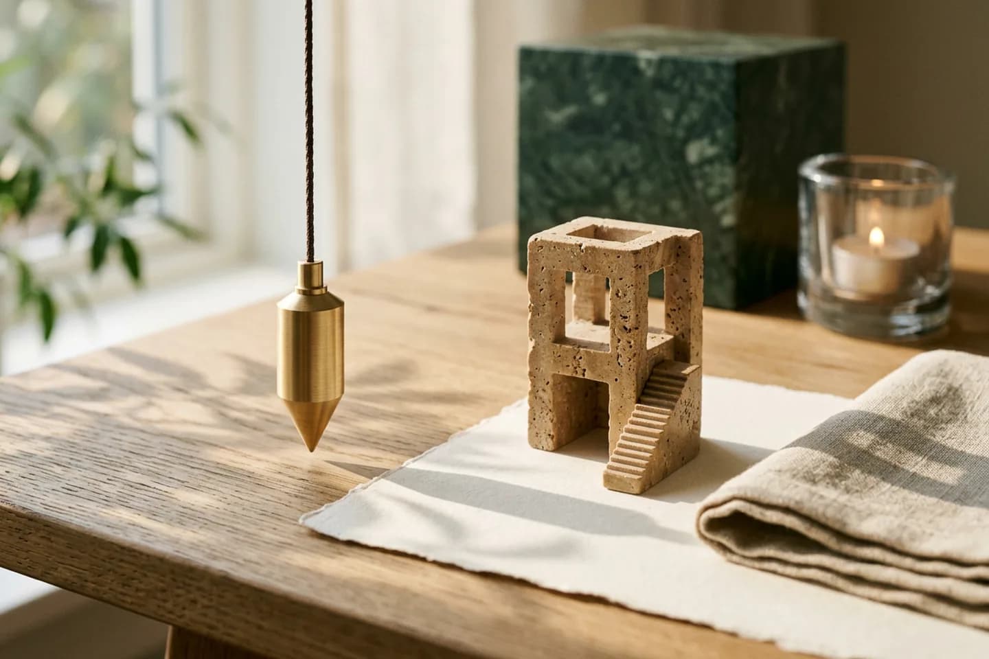 A brass plumb line hangs beside a small travertine architectural model on an oak table in warm sunlight.