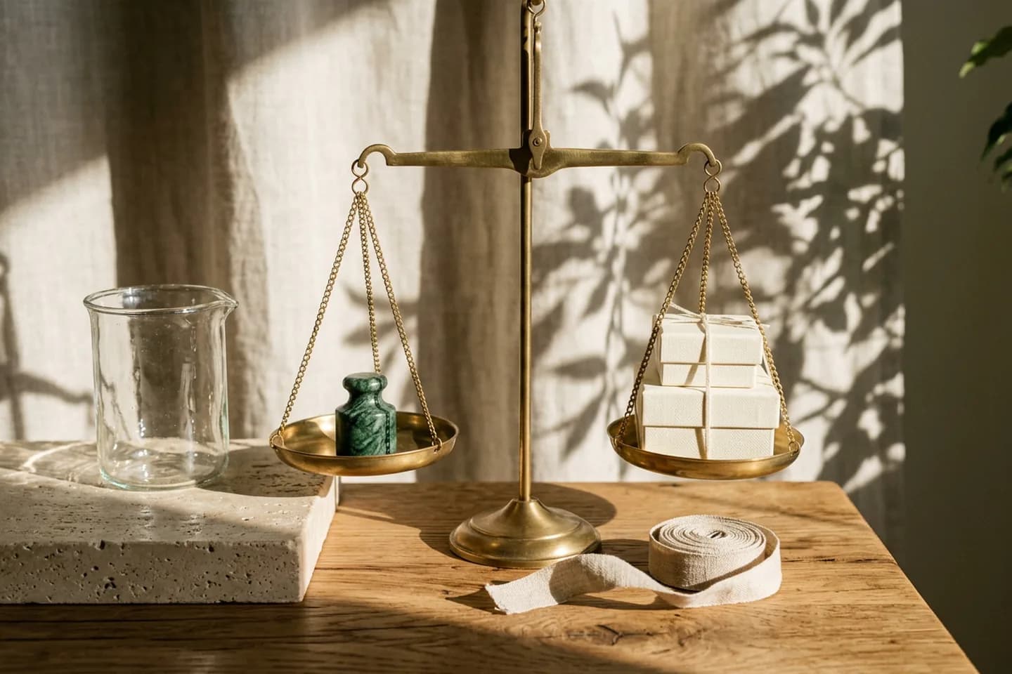 A brass balance scale holding a green marble weight against nested graduated boxes, with a linen measuring tape and a glass beaker beside it on an oak table.