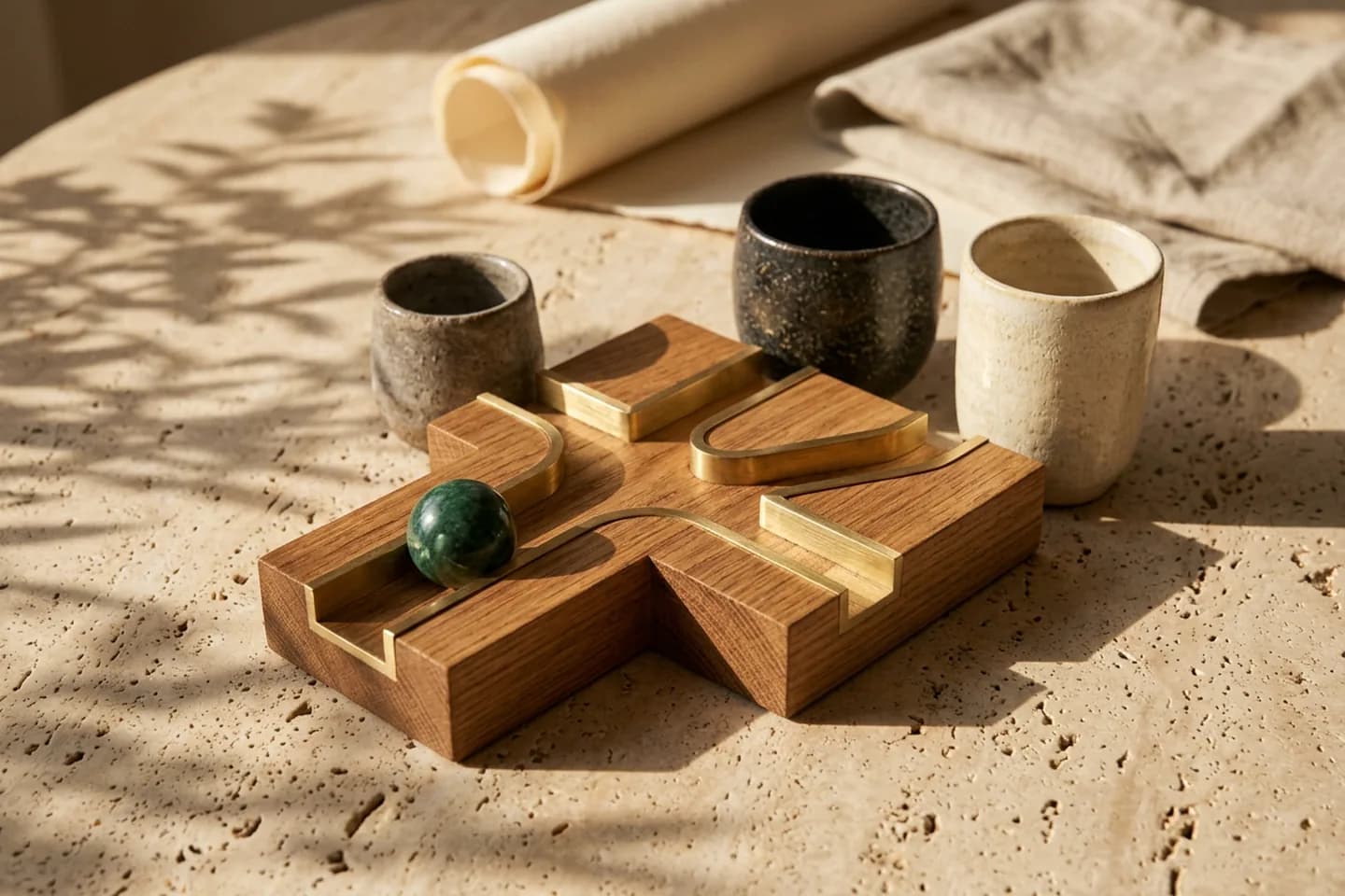 An oak model of a branching channel on travertine, with a green marble ball at the entrance and three ceramic vessels of different sizes at the ends.